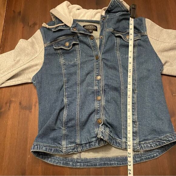 Live a Little Women's Denim Jacket Hooded Jean Jacket Gray Sweatshirt Sleeves L - Picture 11 of 11